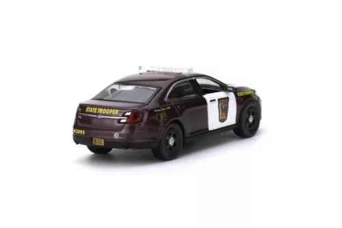 1:64 police car diecast toy, maroon sedan with white door stripe and black wheels
