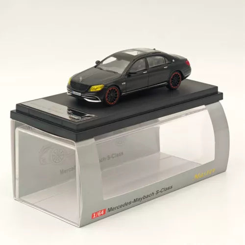 1:64 Mercedes-Maybach S560 diecast toy car, black with red wheels on display base
