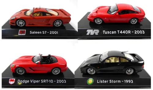 Set of 4 diecast sports cars, red and black models on display bases