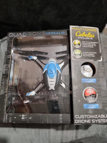 Boxed quadcopter drone with blue body, 4-channel control system