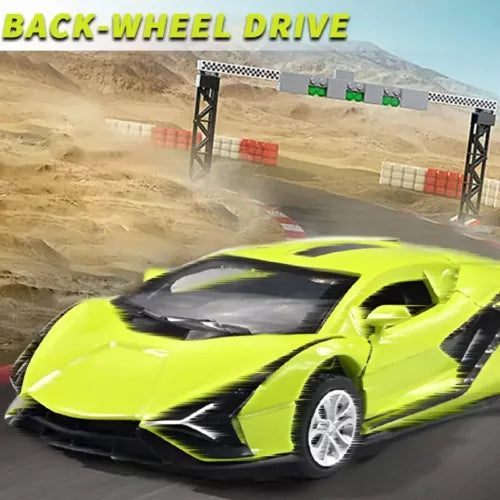 Green alloy sports car diecast model with black stripes and silver wheel details