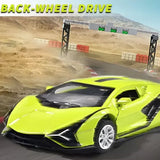 Green alloy sports car diecast model with black stripes and silver wheel details