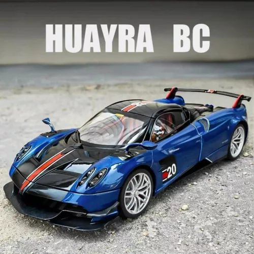 Blue alloy diecast sports car model with front spoiler and racing accents