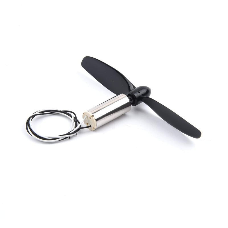Brushed RC motor with propeller, black blades, and attached wire leads