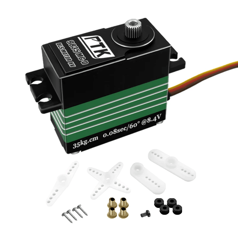 Digital programmable servo motor with mounting hardware and horns, black and green