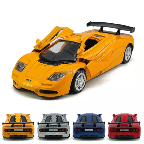 1/36 diecast metal toy car, yellow race car with rear wing and open cockpit
