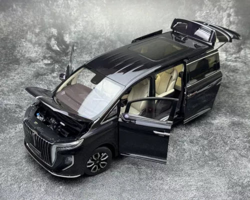 Black 1/18 diecast MPV model car with front doors open, detailed grille and wheels