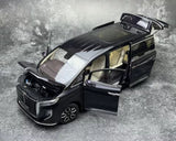 Black 1/18 diecast MPV model car with front doors open, detailed grille and wheels