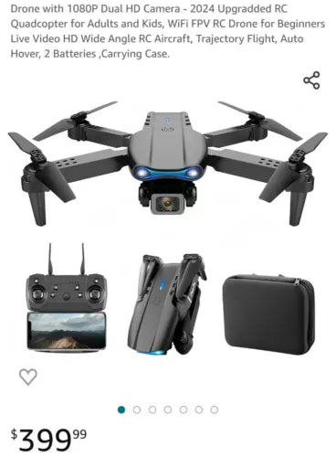 RC quadcopter drone with front camera, four foldable propellers, gray body and controller screen