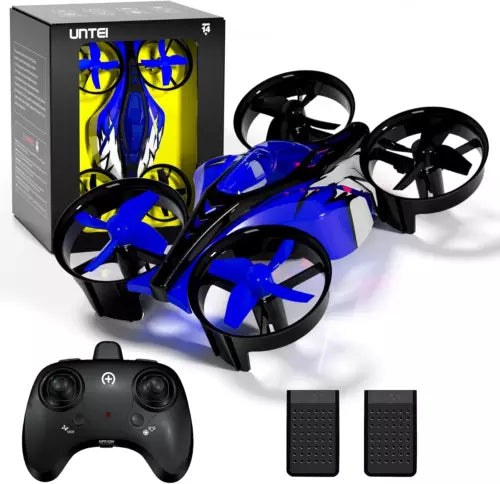 Blue and black mini quadcopter drone with four rotors and remote controller