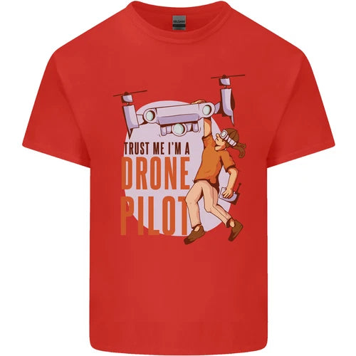 Men's red cotton T-shirt with drone pilot graphic print