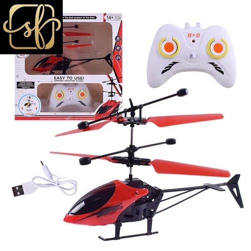 Mini RC helicopter drone with red-and-black body and white controller with joysticks
