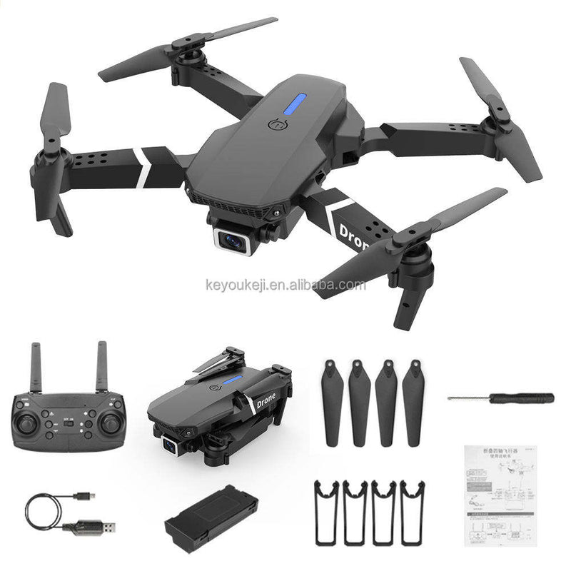 Foldable mini quadcopter drone with front camera, gray body and four propellers set