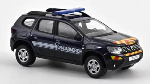 Black diecast gendarmerie SUV model car with roof light bar and side decals