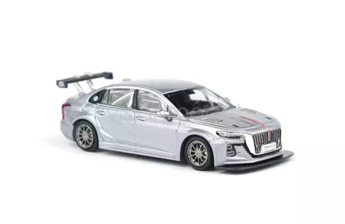 Diecast racing sports model car, silver gray with black hood and front grille