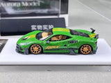 1:64 scale green sports diecast car model with orange wheels, side view