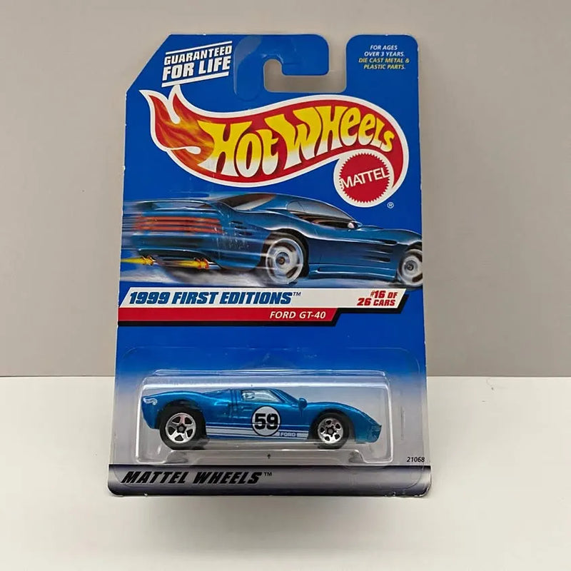 Blue Ford GT-40 Hot Wheels die-cast car in retail blister pack, 1999 First Editions