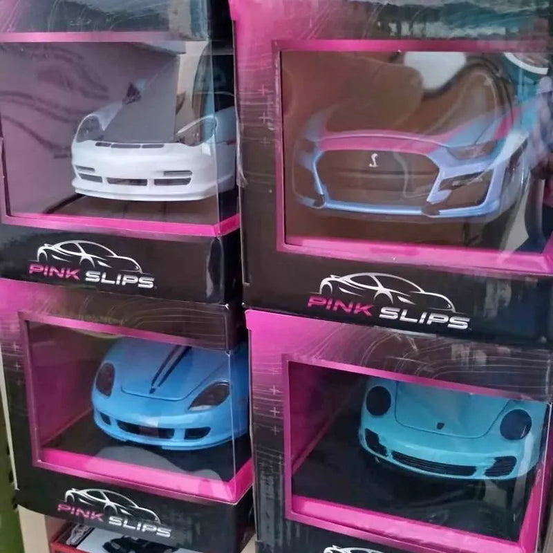 1/24 diecast car model set in pink window boxes, front and side views