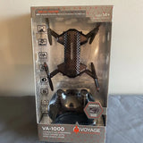Black compact folding streaming drone with four propellers and wide-angle lens
