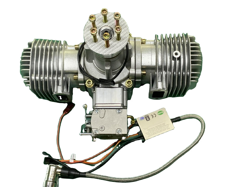 Gasoline drone engine with twin cylinders, cooling fins, and electrical wiring