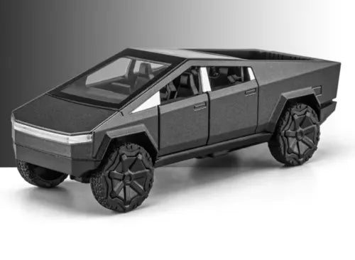 Diecast Cybertruck model car with black body and detailed armored tires, side view