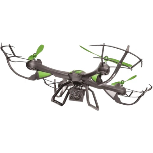 Black quadcopter drone with built-in camera and green propellers