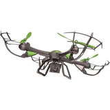 Black quadcopter drone with built-in camera and green propellers