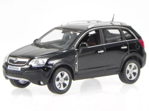 Black Opel Antara diecast model car, front three-quarter view with alloy-style wheels.