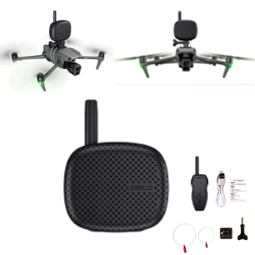 Portable drone speaker shouter with black mesh housing and antenna, plus small remote