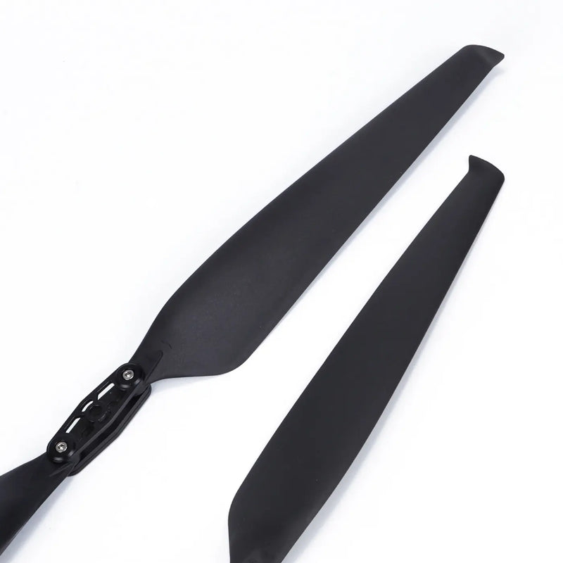 Folding drone propeller blades, two black carbon-fiber style blades with hub mount