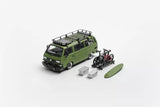 1:64 diecast lowrider model car in military green with bike rack and accessories