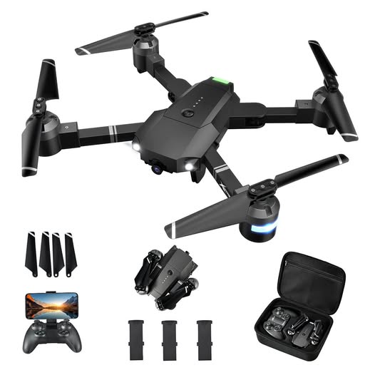 Black quadcopter drone with four rotors, carry case and spare prop blades