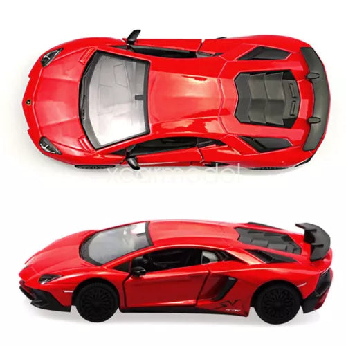 Red diecast model car with black wheels, open cockpit, and angular details