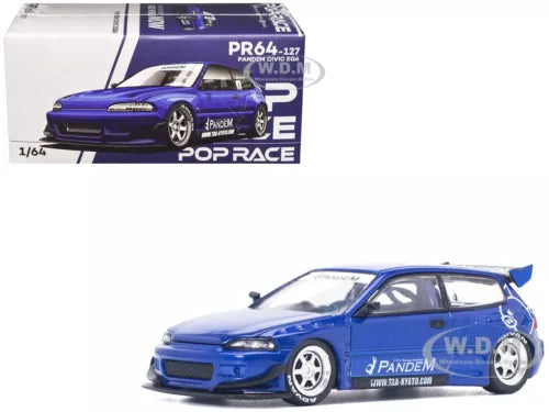 Blue diecast model car with front three-quarter view, black wheels and PANDEM decals