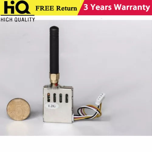 Small wireless video transmitter module with long antenna, circuit board and colored wires