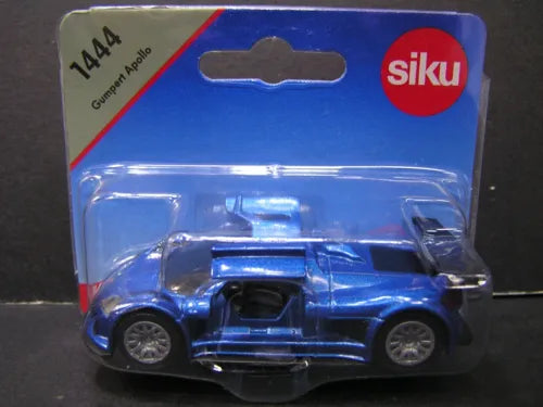 Blue die-cast sports car model, front view, numbered 1444 Apollo