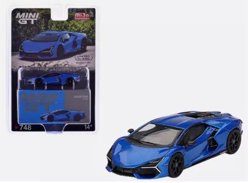 Lamborghini Revuelto blue die-cast model car, 1/64 scale, with black wheels and details