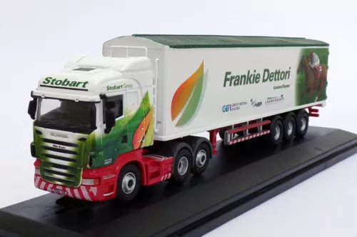 Diecast Scania truck model with green-red white box trailer, detailed cab
