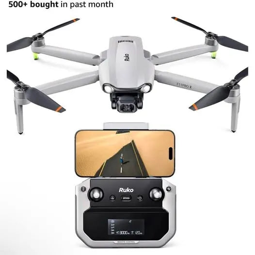 Ruko drone with white body, four propellers, and handheld controller with screen