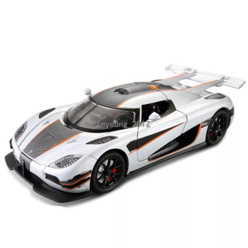 1:24 Koenigsegg One:1 diecast model car, silver with black and orange stripes