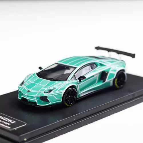 1/64 diecast sports car model, luminous green with black wheels and rear spoiler