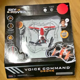 SkyRover voice command drone in retail box, red and gray quadcopter with controller