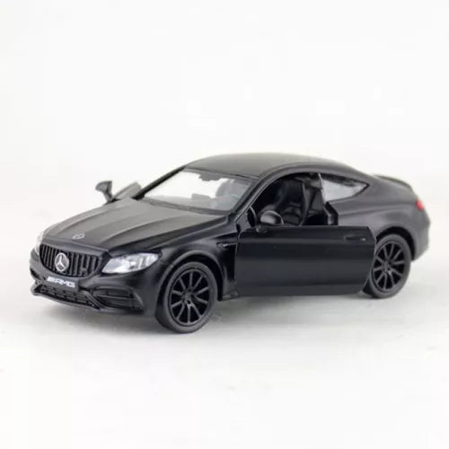 1/36 scale diecast toy car, matte black, front 3/4 view, door open