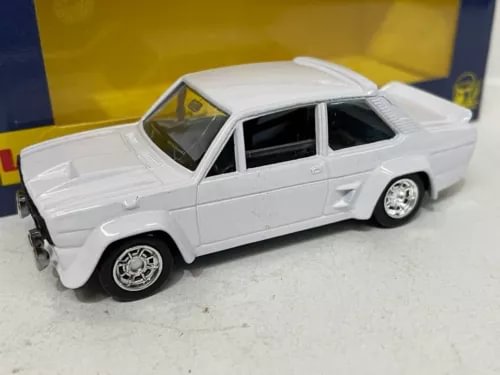 White diecast model car of a Fiat 131 Abarth, 1:43 scale, side view
