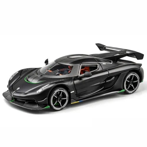 Koenigsegg Jesko diecast model car, black coupe with green rims and rear spoiler