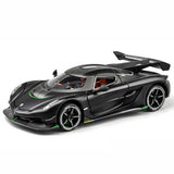 Koenigsegg Jesko diecast model car, black coupe with green rims and rear spoiler