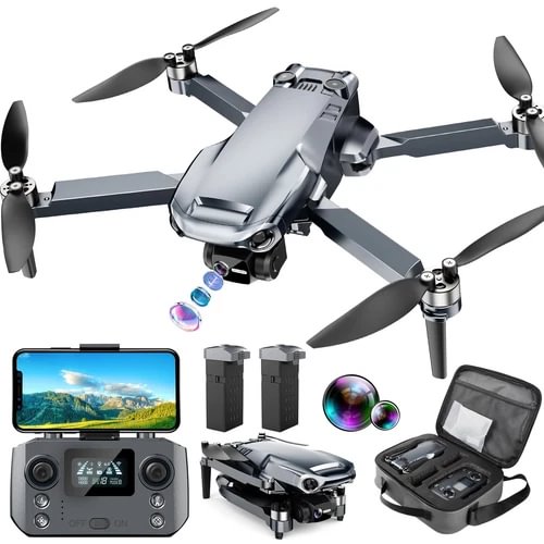 Gray quadcopter drone with camera, remote controller, and carrying case