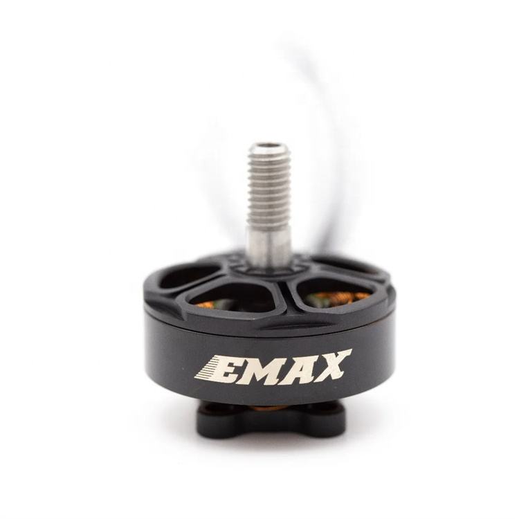 Brushless drone motor with EMAX logo and threaded shaft, black housing