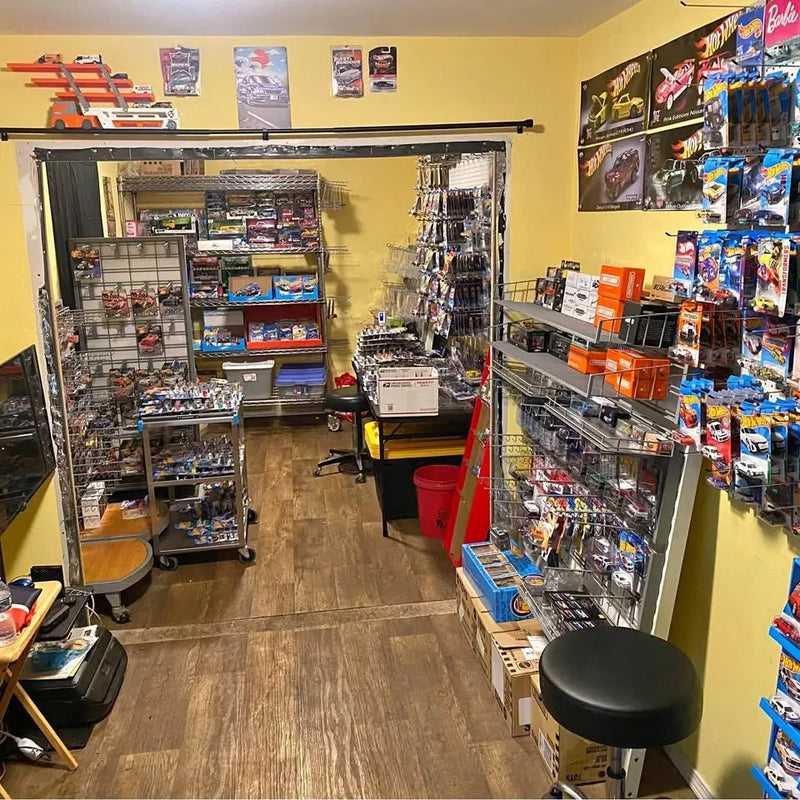 Diecast toy trains and cars on retail store shelves, New Haven CT theme