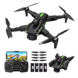Quadcopter drone with 4 rotors, camera, and controller with screen, black and green